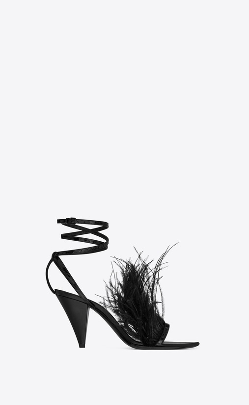 SAINT LAURENT Era Woman ERA 110 sandals with ostrich feathers in black patent leather a_V4